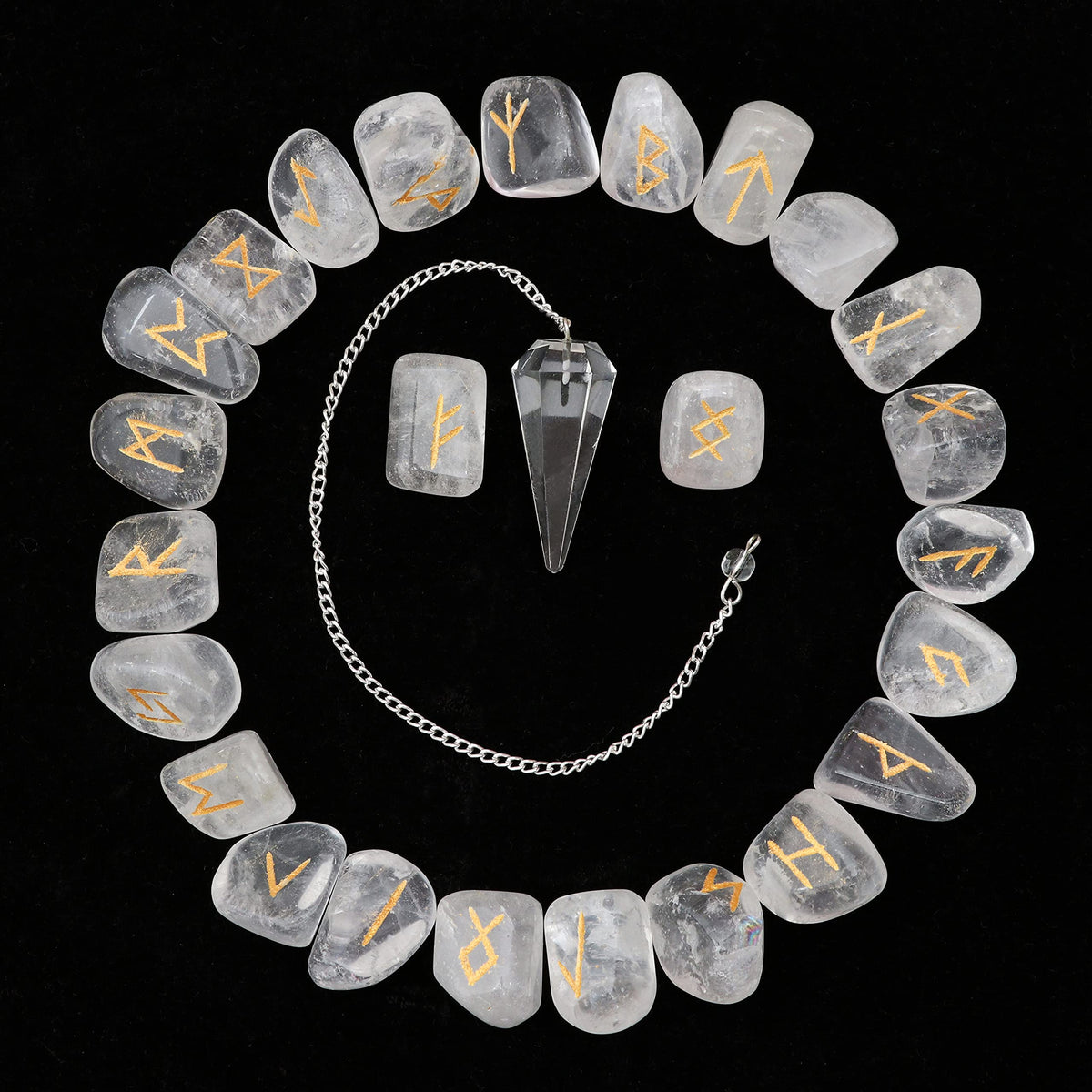 Crocon Clear Quartz Gemstone Engraved Rune Stones Set (25 Pcs) with Elder Futhark Alphabets & 1 Clear Quartz Pendulum Reiki Healing Meditation Balancing Gift Home Office Decor. Size: 15-20 mm