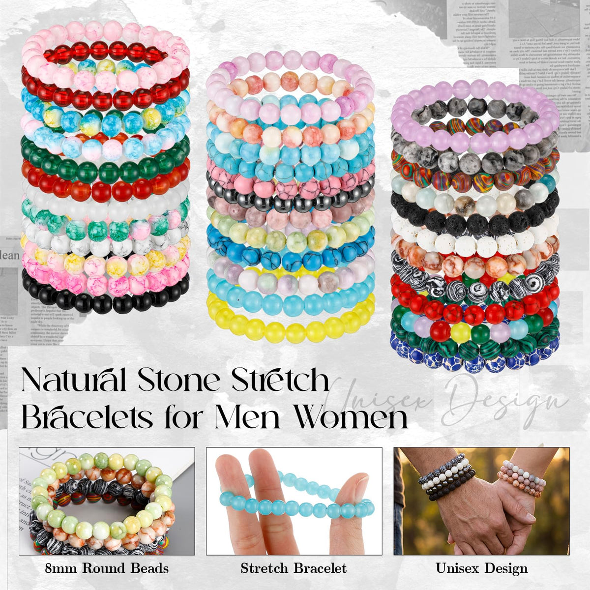 Landical 48 Pcs 8mm Round Beaded Bracelets for Women Men Semi Precious Gemstones Bracelets Crystal Stone Bracelet for Unisex