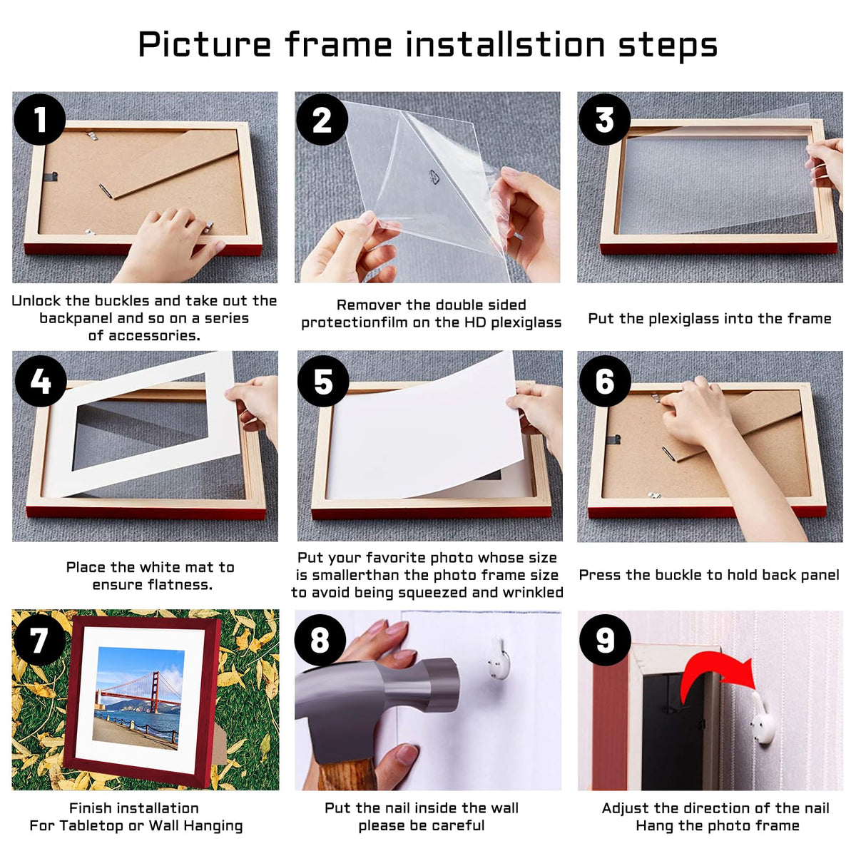 9x9 inch Wood Picture Frame for Wall Hanging or Tabletop Square Photo Frames with 1 Mats Display 7x7 inch for Baby Scan,Poster,Walls Decoration,Anniversary,Wedding,Christmas,Diamond Painting(Red)