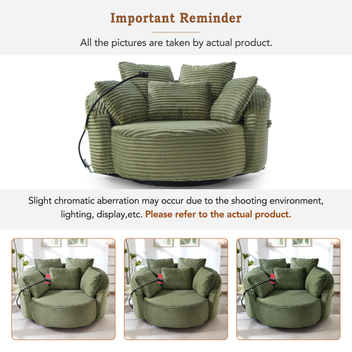 ERYE 360° Swivel Accent Barrel Chair Round Sofa Chaise with 5 Pillows and Adjustable Phone Holder, Modern Round Lazy Armchair for Living Room, Bedroom, Office and Hotel