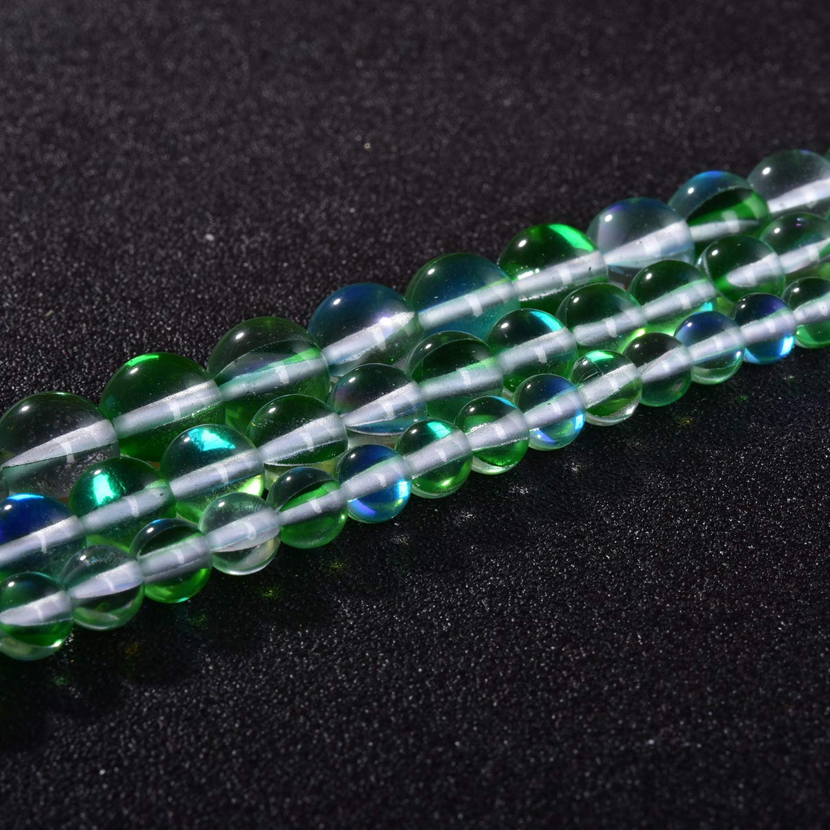 Asingeloo 38PCS 10mm Green Angel Aura Round Gemstones Polished Mermaid Aura Moonstone Bead Smooth Stone Loose Beads Crystal Quartz for DIY Jewelry Making 1 Strand 15”