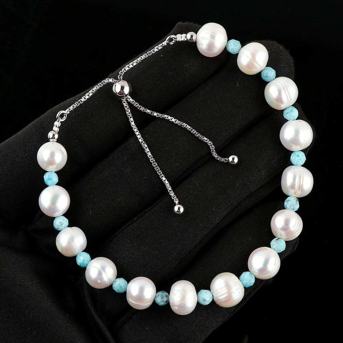 CRYSTALIS Natural Larimar And Freshwater Pearl Beaded Bracelet, Elegant Beads Crystal, Chakra Bracelet, Healing Bracelet, Gemstone Jewelry, 925 Sterling Silver Slider 10 inch