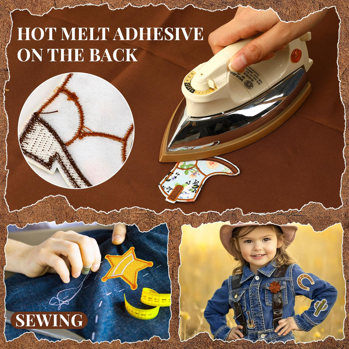60pcs Western Iron On Patches Random Assorted Styles Brown Theme Iron on Patches for Boys Western DIY Sew Applique Repair Patch Cute Sew on Patches for Clothing Jacket Jeans Pants Dress Backpack Hats
