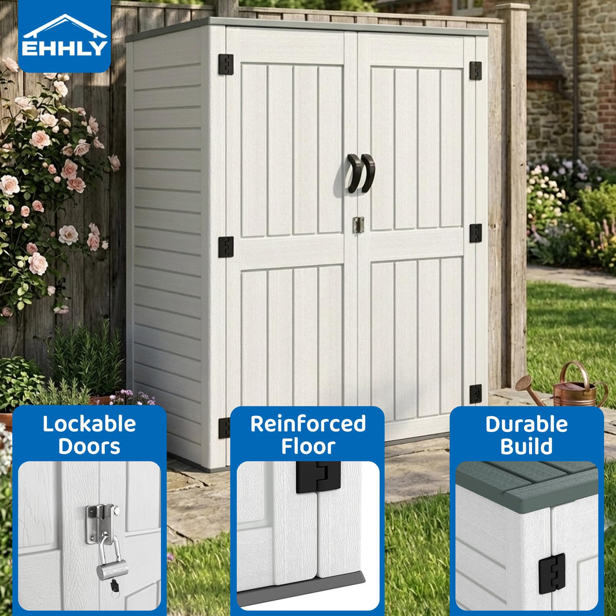 EHHLY Vertical Resin Storage Shed with 2 Shelves, 60 Cuft Garden Tool Sheds & Outdoor Storage, Plastic Outdoor Storage Cabinet Waterproof, 4.5 x 2.3 ft Outside Lawn Mower Storage Shed, Light Grey
