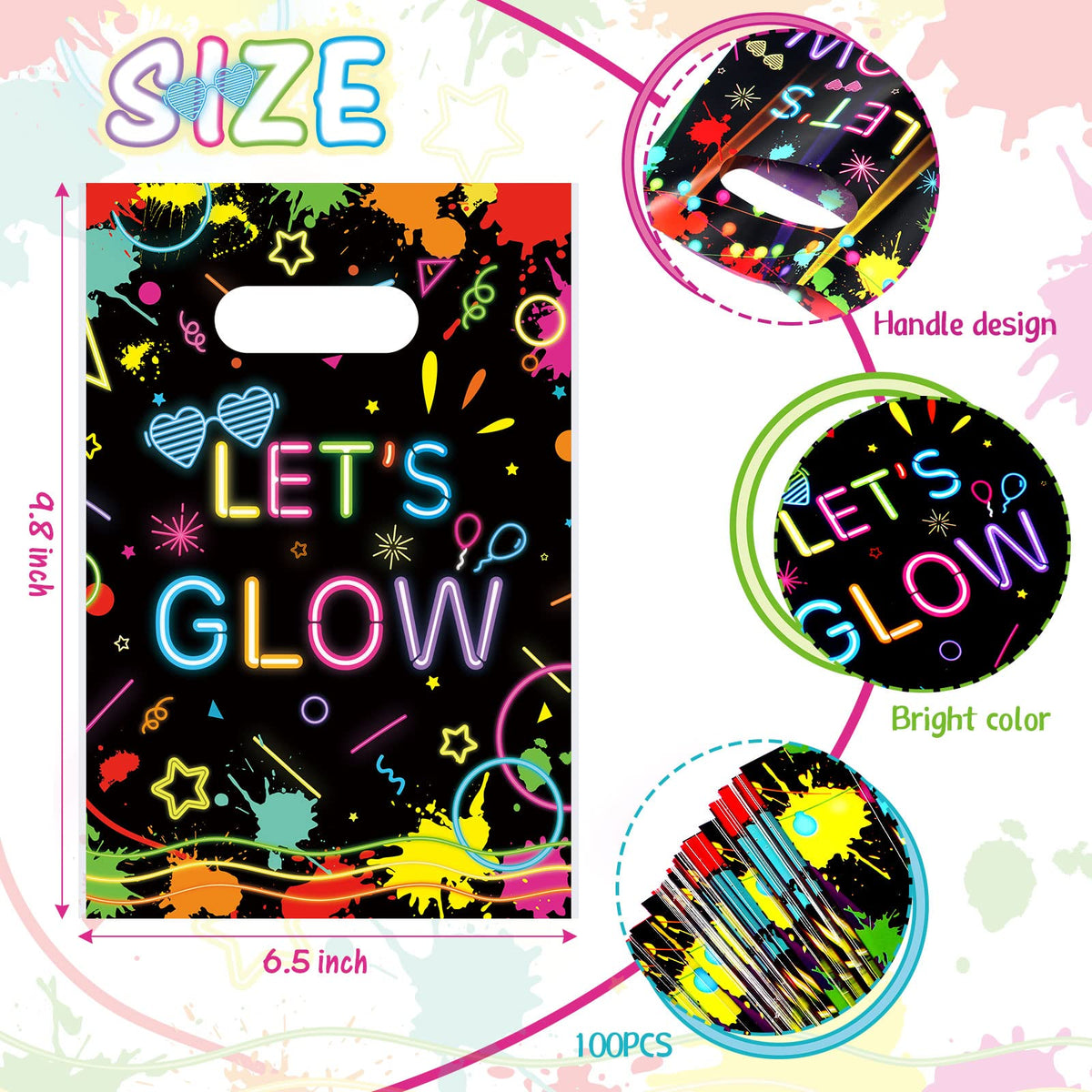 Pajean 100 Pieces Let's Glow Party Bags in the Dark Supplies Neon Goodie Candy with Die Cut Handles Theme Treat Gift for Kids Birthday Baby Shower Decorations