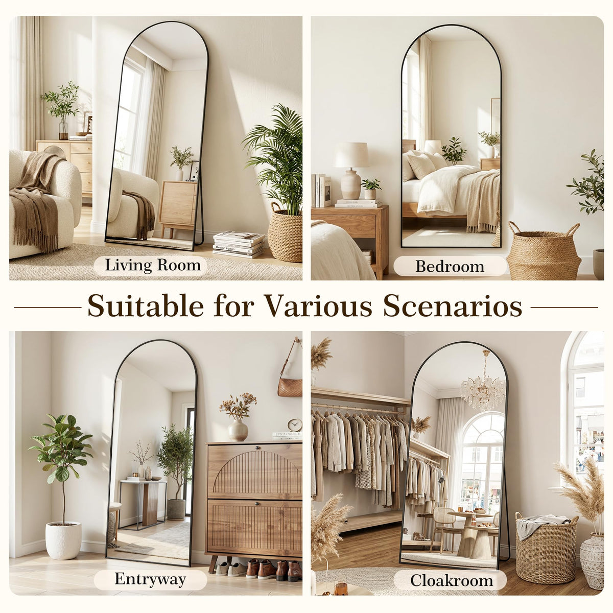Homsion 81"x41" Arched Full Length Mirror with Stand, Free Standing Leaning Wall Mounted Aluminum Alloy Frame Mirror for Bedroom Living Room Cloakroom, Black
