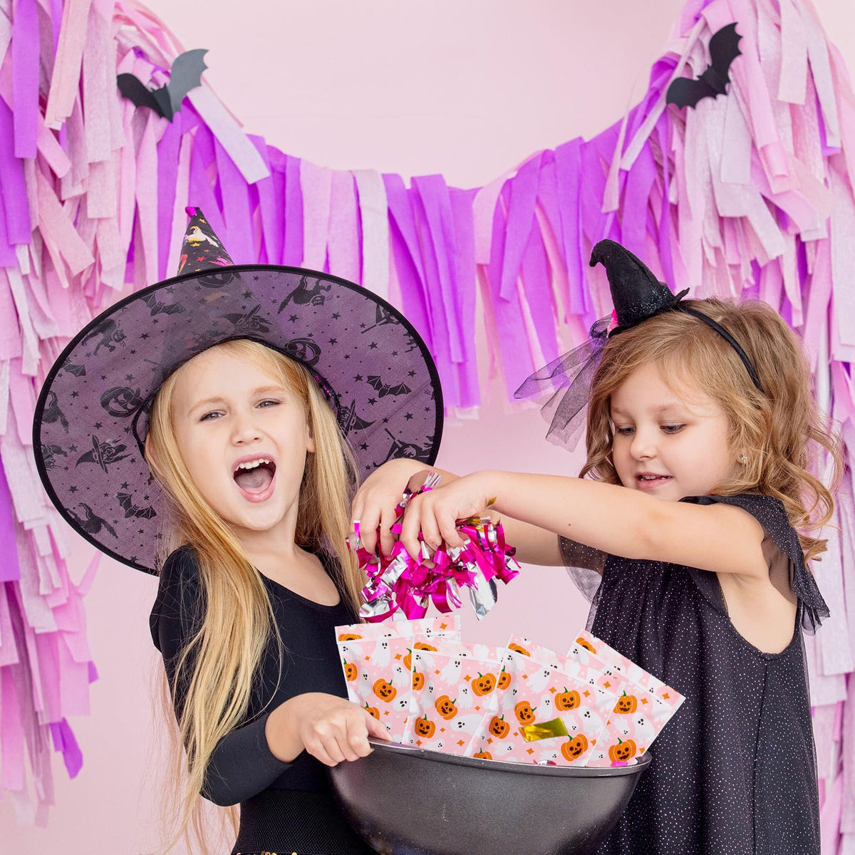 Whaline 100Pcs Halloween Treat Bags Self Adhesive Pink-Orange Ghost Pumpkin Candy Goodie Bag Cute Buffet Favor Bag for Trick or Treat Birthday Party Supplies