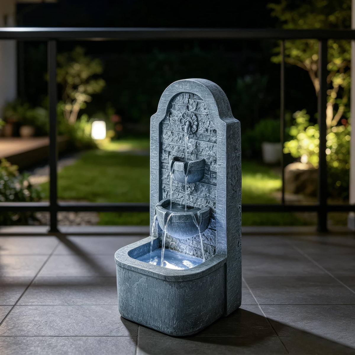 Solarbloom 30.3" H Outdoor Water Fountain, Freestanding Waterfall with LED Lights, Floor-Standing Water Feature for Patio, Garden, Backyard, Porch, Home Decor