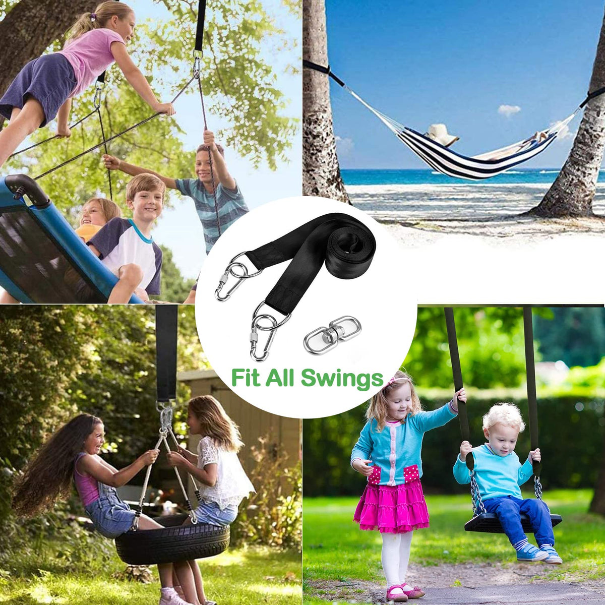 Werfeito Tree Swing Straps Hanging Kit (Set of 2), 3FT/8FT/10FT/20FT/30FT Tree Swing Straps Holds 2500 lbs with Tree Protector, Safety Lock Carabiner and Swivel Perfect for Swings & Hammocks(3 FT)