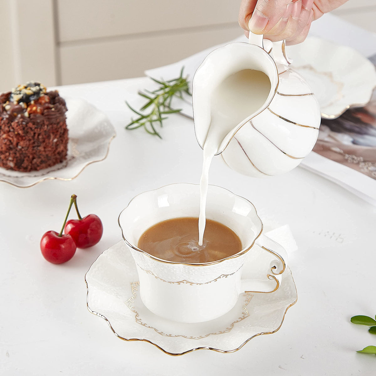 DUJUST Tea Cups and Saucers with Golden Trim,Set of 6 (7 OZ), Luxury Relief Printing Coffee Cups with Metal Stand, British Royal Porcelain Tea Party Set - White