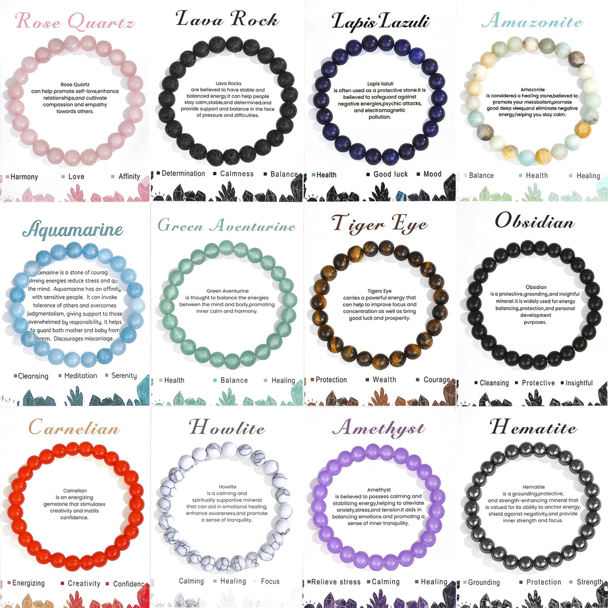 EIELO 12Pcs Crystal Stone Bracelets for Women Men Semi-Precious Gemstone 8MM Beaded Bracelets Natural Crystal Energy Stone Stretch Bracelet Set Jewelry Gift