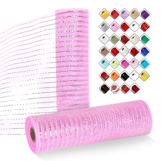 ICOSHOW 2 Rolls Mesh Ribbon for Wreaths 10 Inch x 30 Foot Wreath Mesh Rolls with Metallic Foil for Easter Christmas Party Wedding Home Decor DIY Craft Projects and Gift Wrapping (Pink)