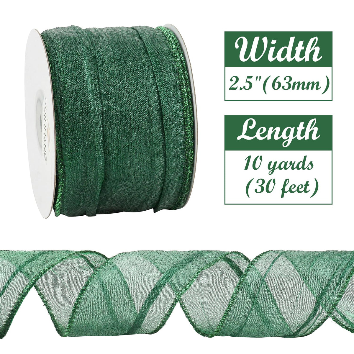 HUIHUANG Dark Green Wired Ribbon 2.5 inch Metallic Crinkle Green Wire Ribbon for Christmas Tree, Bows Making, Wreath Making Supplies, Gift Wrapping, Holiday Home Decor, DIY Crafts -10 Yards