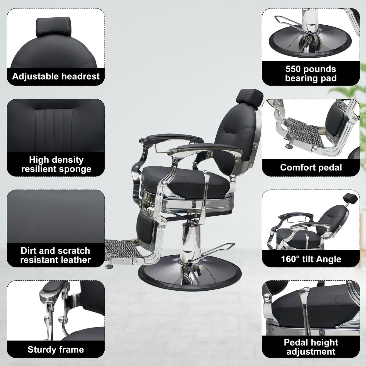 Professional Barber Chair - Hydraulic Salon & Tattoo Chair, 550lb Capacity, 360° Swivel & 160° Recline, Adjustable Headrest (Vintage Silver)