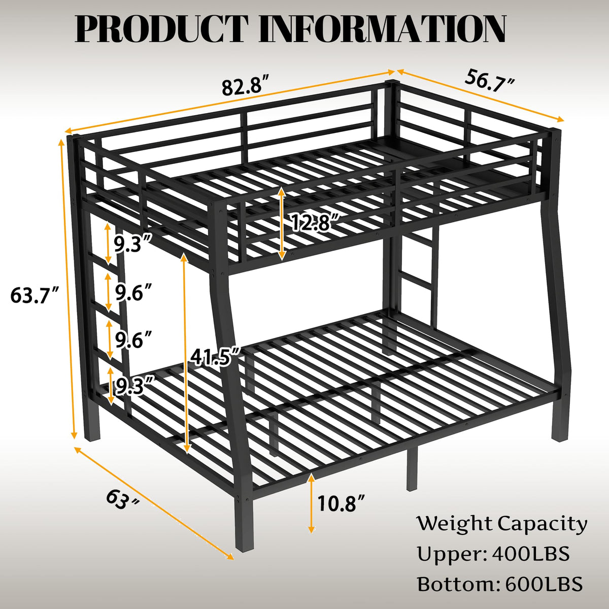 Bellemave Full XL Over Queen Bunk Bed with High Guardrail & Under-Bed Storage, Heavy Duty Metal Bunk Beds Frame with 2 Side Ladders, Full Over Queen Bunk Bed for Adults, No Box Spring Needed, Black