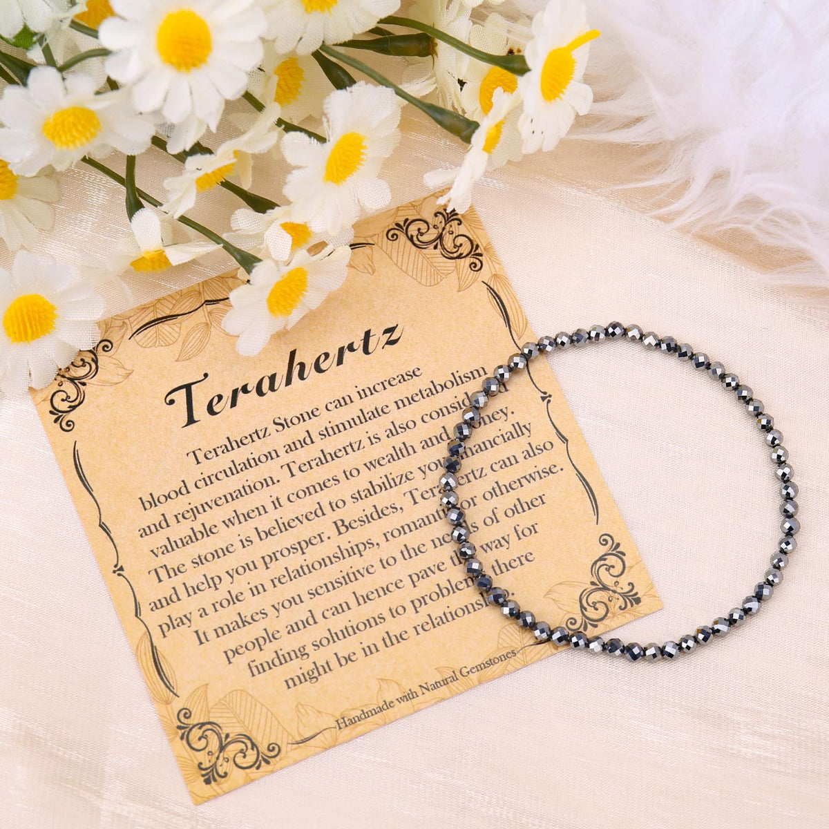 BONNY BOXX Natural Genuine Gemstone Faceted Round Beads Bracelets, 3mm Adjustable Stretchy Tiny Faceted Terahertz Bracelet, Healing Crystal Reiki Chakra Dainty Jewelry Fashion Gifts