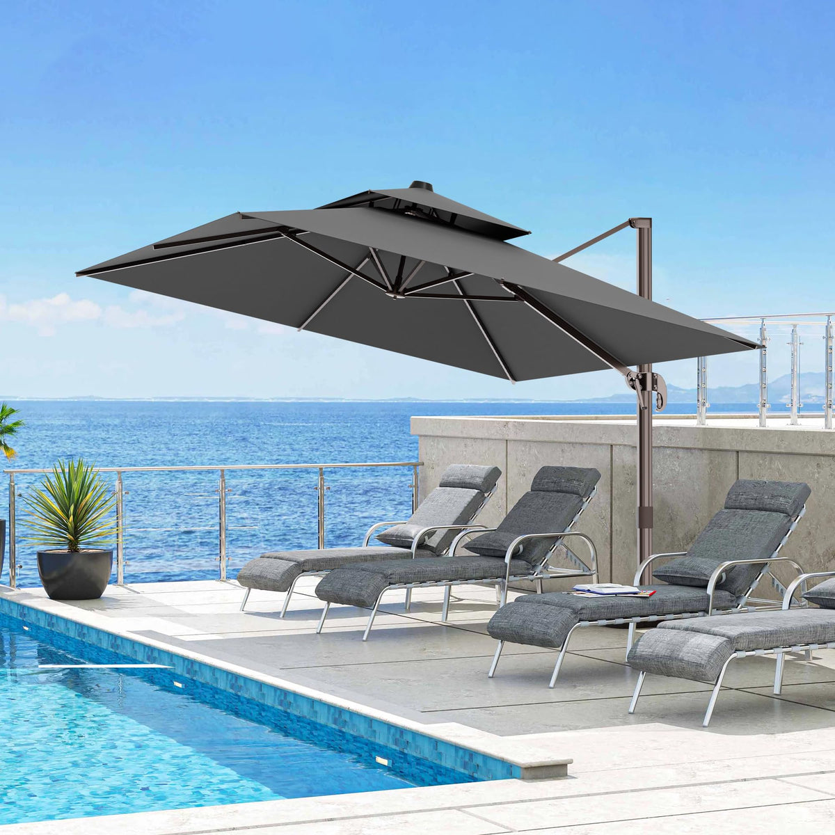ZLACUIU 10x13FT Cantilever Outdoor Patio Umbrellas, Double Top Large Rectangle Umbrella, Heavy Duty 360° Rotation Offset Outdoor Sun Shade Umbrella for Garden Deck Pool Backyard Patio, Grey