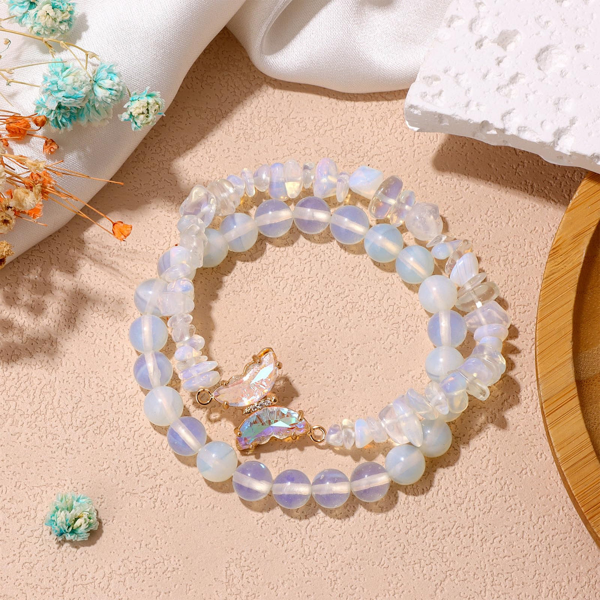 GolbalJew Opal Stone Bracelet for Women Healing Crystal Stone Bracelets Gemstone Beads Stretch Bracelet Butterfly Charms Jewelry Women Gift