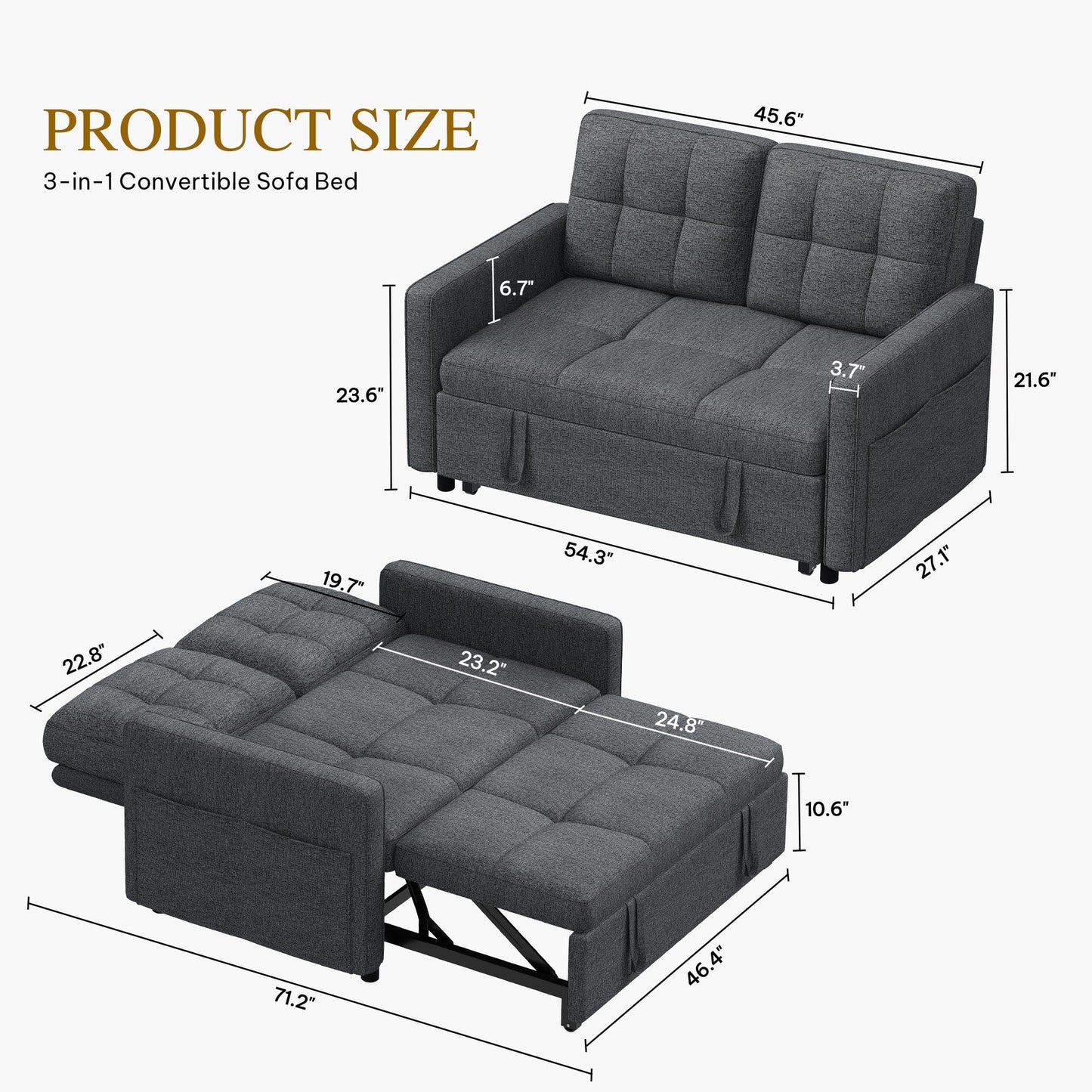 YITAHOME 55" Convertible Sofa Bed, 3-in-1 Sleeper Sofa with Iron Frame Pull-Out Bed, Linen Futon Couch with Reclining Backrest and Side Pocket, Modern Loveseat for Living Room Bedroom Apartment, Grey