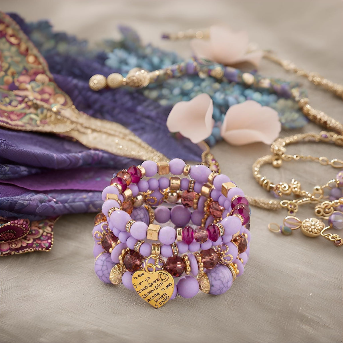 Jewellify Stackable Beaded Bracelets for Women Retro Tassel Multi-Layer Mixed Color Beaded Bracelet Bangles Set Gemstone Woven Female Jewelry Bracelet (Purple)
