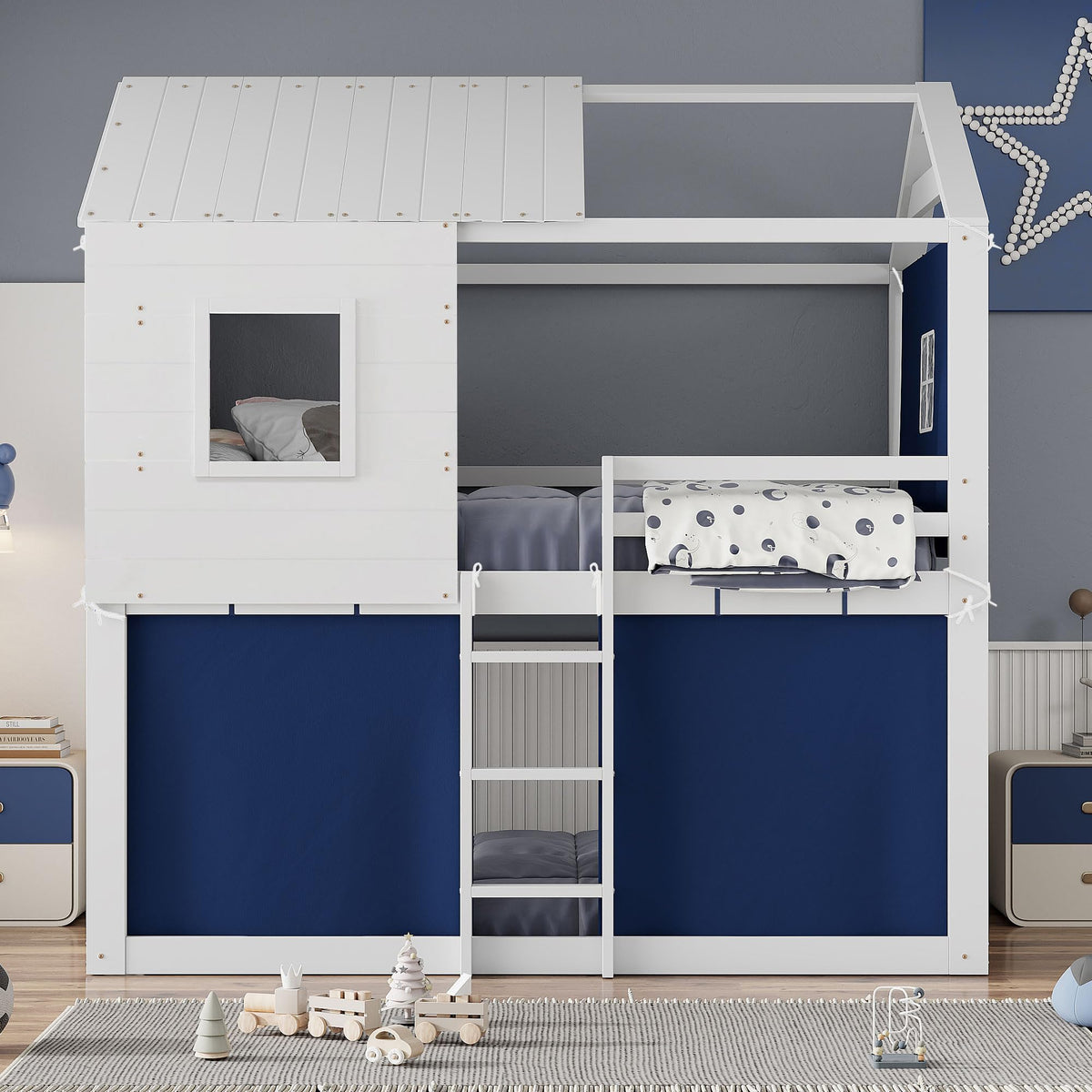 Full Over Full Bunk Bed with Tent, Wood Full Size House Bed Frame, Blue+White
