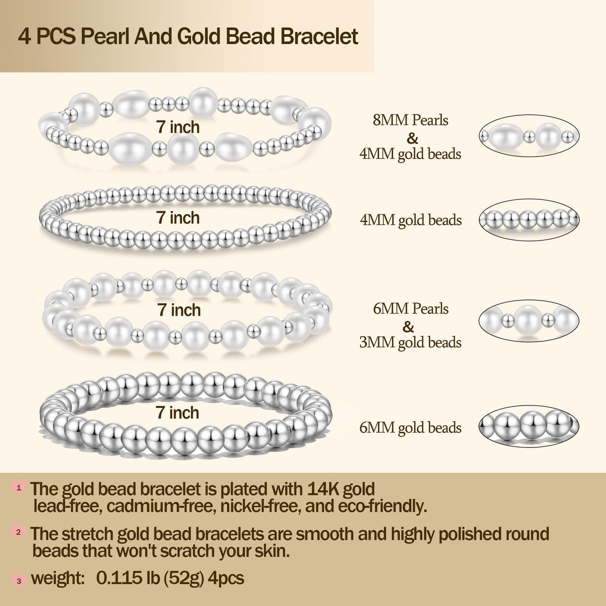 Silver Pearl Beaded Bracelets for Women Baroque Pearl Stackable Stretch Bead Ball Bracelet Jewelry Gifts （4PCS)