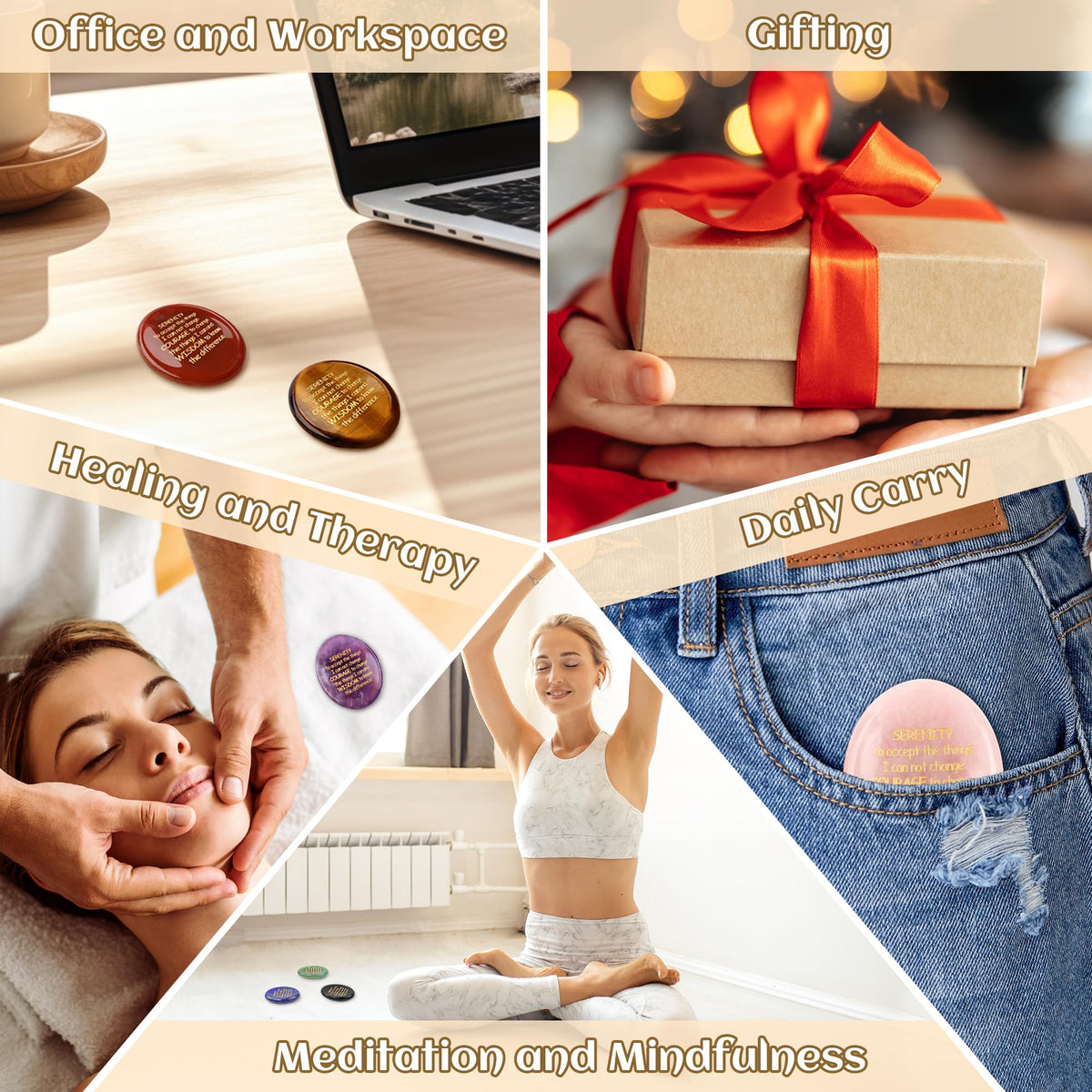 QINJIEJIE Serenity Prayer Lapis Lazuli Stone Healing Crystals Thumb Stones Engraved Inspirational Stones Anxiety Relief Items Worry Stones for Anxiety Encouragement Gifts for Men Stocking Stuffers