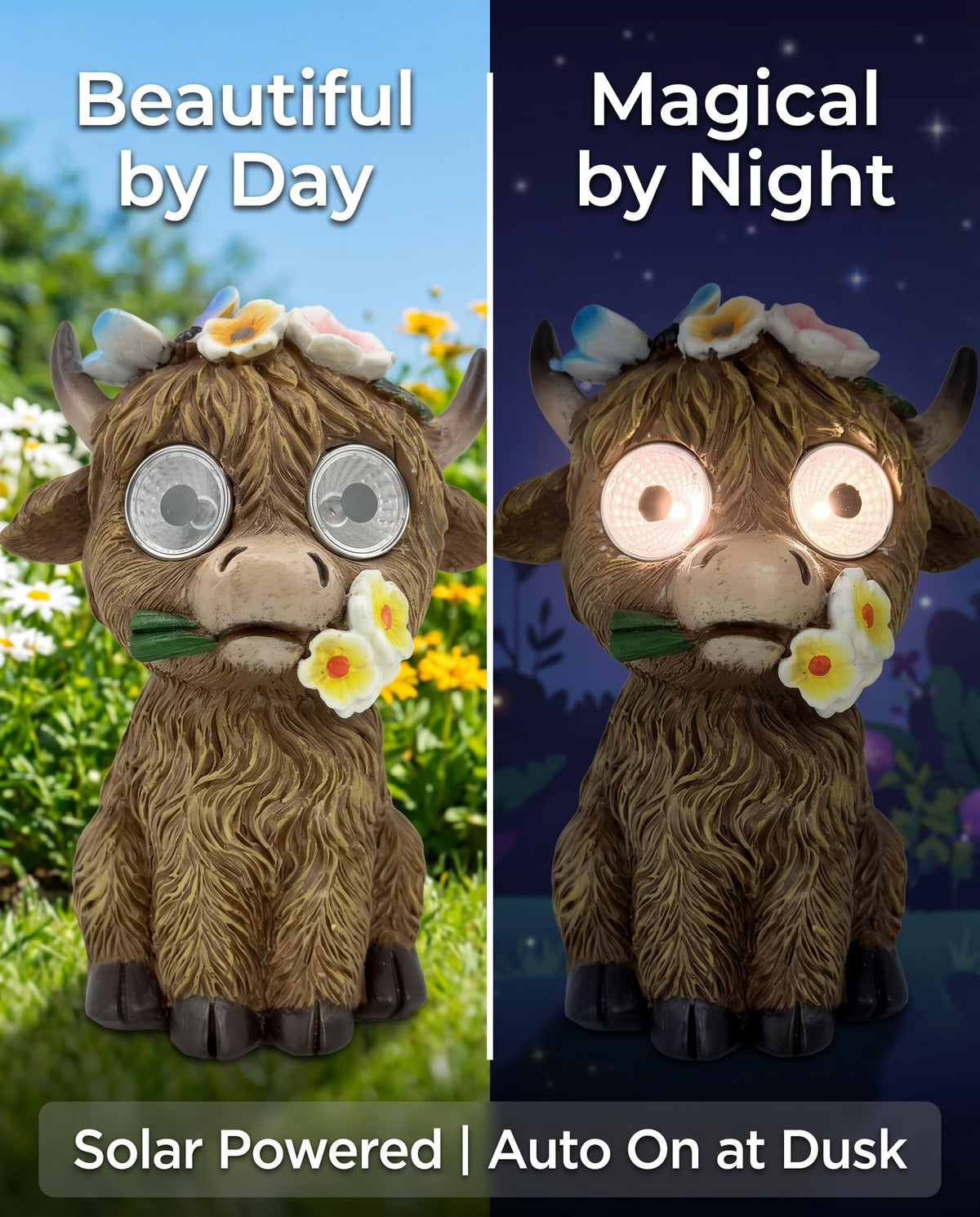 2 Solar Cow Garden Statues with Lighted Eyes – Cute Highland Cow Outdoor Decor, Waterproof Resin Animal Figurines for Yard, Patio, Lawn & Gifts (2-Pack)