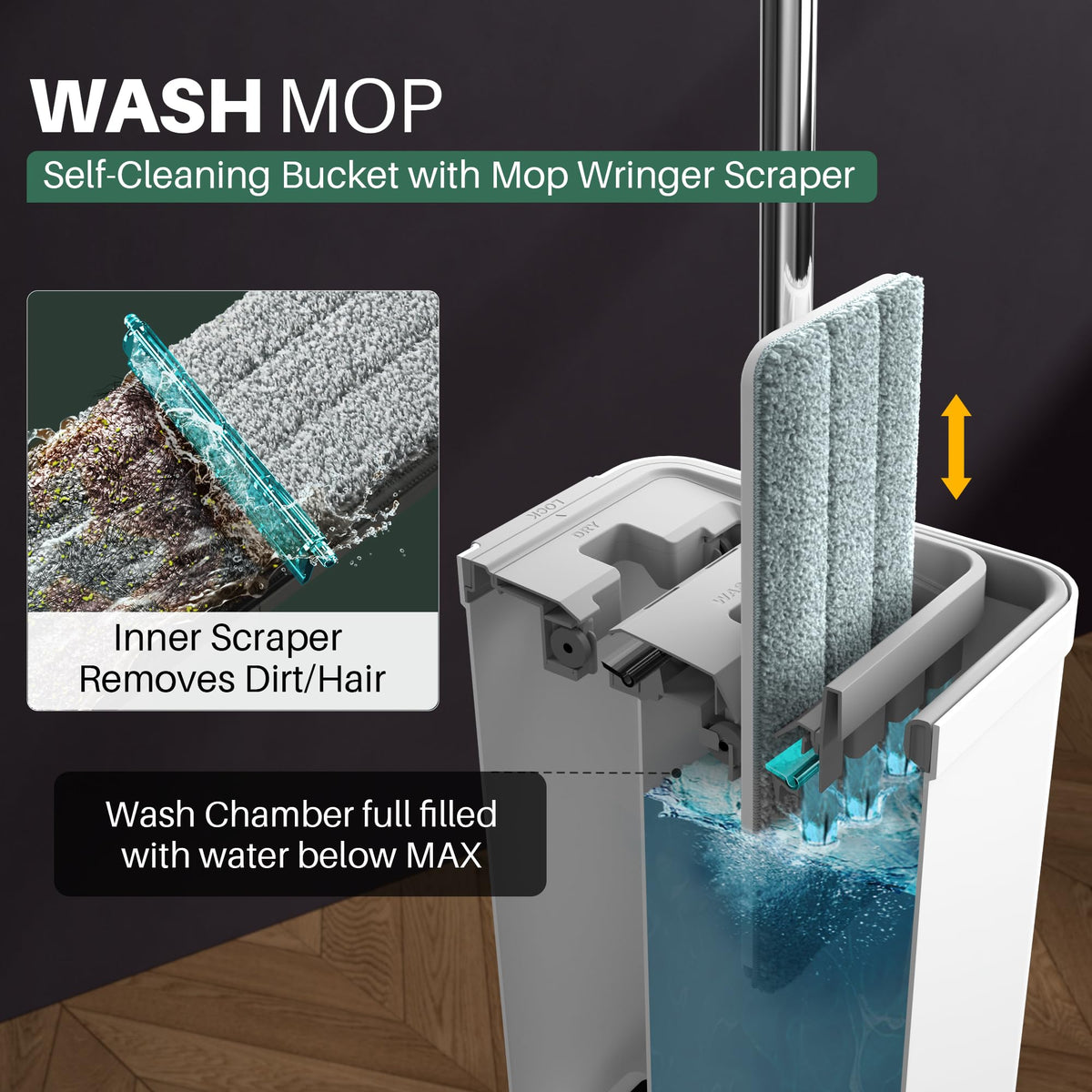 JOYMOOP Mop and Bucket Set, Flat Mops for Floor & Wall Cleaning, Commercial & Household Use, Hardwood Floor Mop with Long Handle & 4 Microfiber Pads