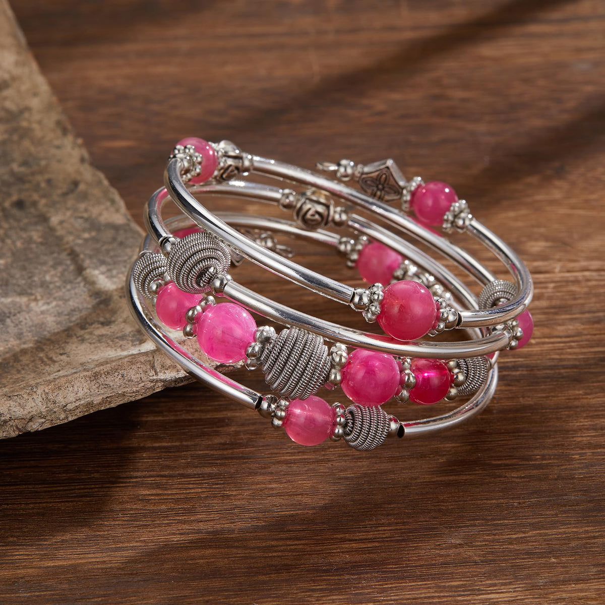 PEARL&CLUB Beaded Chakra Bangle Turquoise Bracelet - Fashion Jewelry Wrap Bracelet with Thick Silver Metal and Mala Beads, Birthday Gifts For Women(Hot pink)