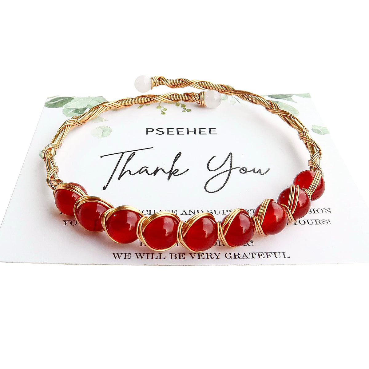 PSEEHEE Handmade Genuine Red Agate 14k Gold Filled Wire Wrapped Bracelet, Birthstone Chakra Healing Grounding Gemstone Crystal Beads Adjustable Bangle Cuff Jewelry Gift for Women