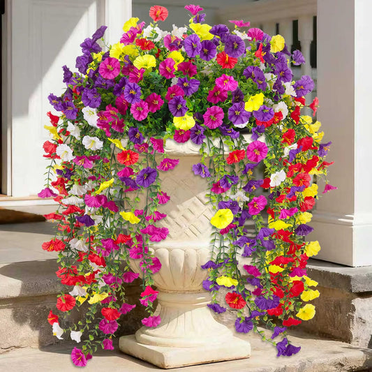 Fake Artificial Hanging Morning Glory Flowers for Outdoor Planters Porch Pation Decoration,8 Bundles UV Resistant Silk Faux Flowers with Realistic Eucalyptus Plants for Home Office Garden Decor