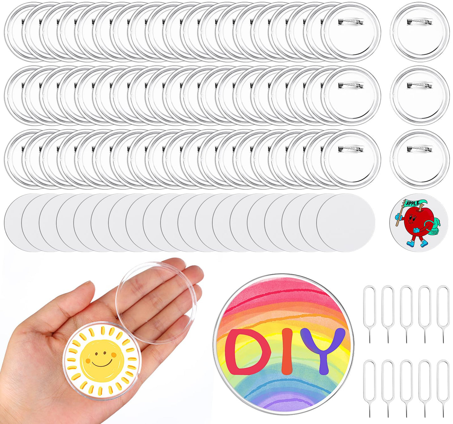 100 Pcs Acrylic Clear Buttons with 100 Paper 10 SIM Card Removal Tool Make Your Own Buttons with Pin Clear Button Pins Acrylic Design Button Badge for DIY Craft School Activities (2.36 in)