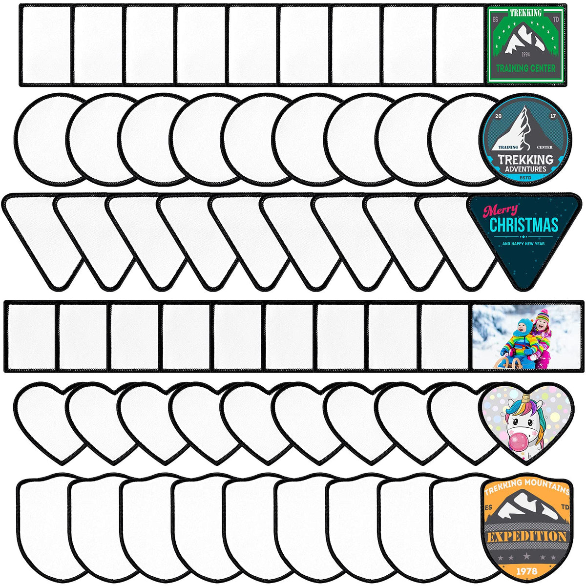 Waydress 60 Pieces Blank Sublimation Patches 6 Shapes Iron-on Blank Fabric Repair Patches Decorative for Hats Clothes Uniforms Jeans Backpacks Vest