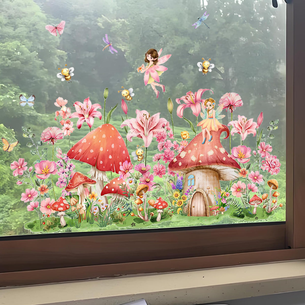 AOLTNRC Fairy Garden Window Clings, Double-Side Glass Decals Enchanted Mushroom House with Flowers and Butterflies Glass Stickers, Reusable Nursery Room Home Decor (Pink)