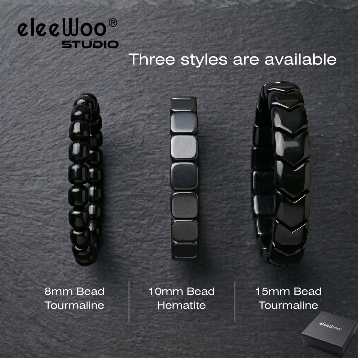 eleewoo Handmade 15mm Arrow Black Tourmaline Bracelet for Men Women, Bold Statement Grounding & Protection Crystal Jewelry, Beaded Stretch Bracelet in Premium Gift Pouch