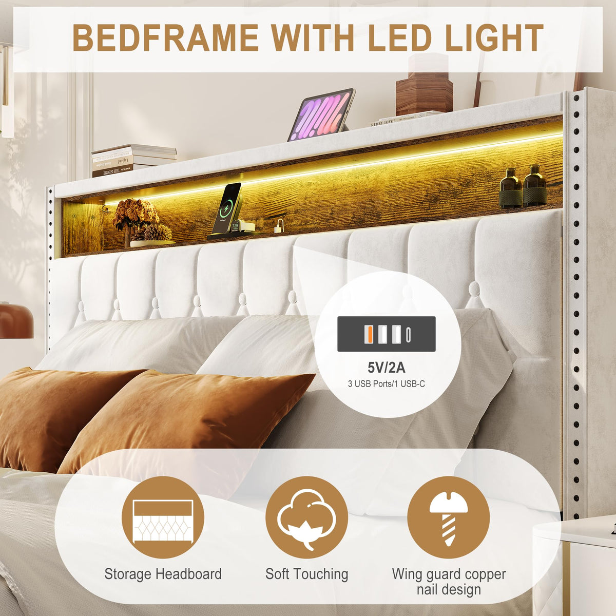 Garvee King Bed Frame with LED Light and Charging Station, Upholstered Bed Frame with Button Headboard, Wood Slat, No Box Spring Needed, Easy Assembly