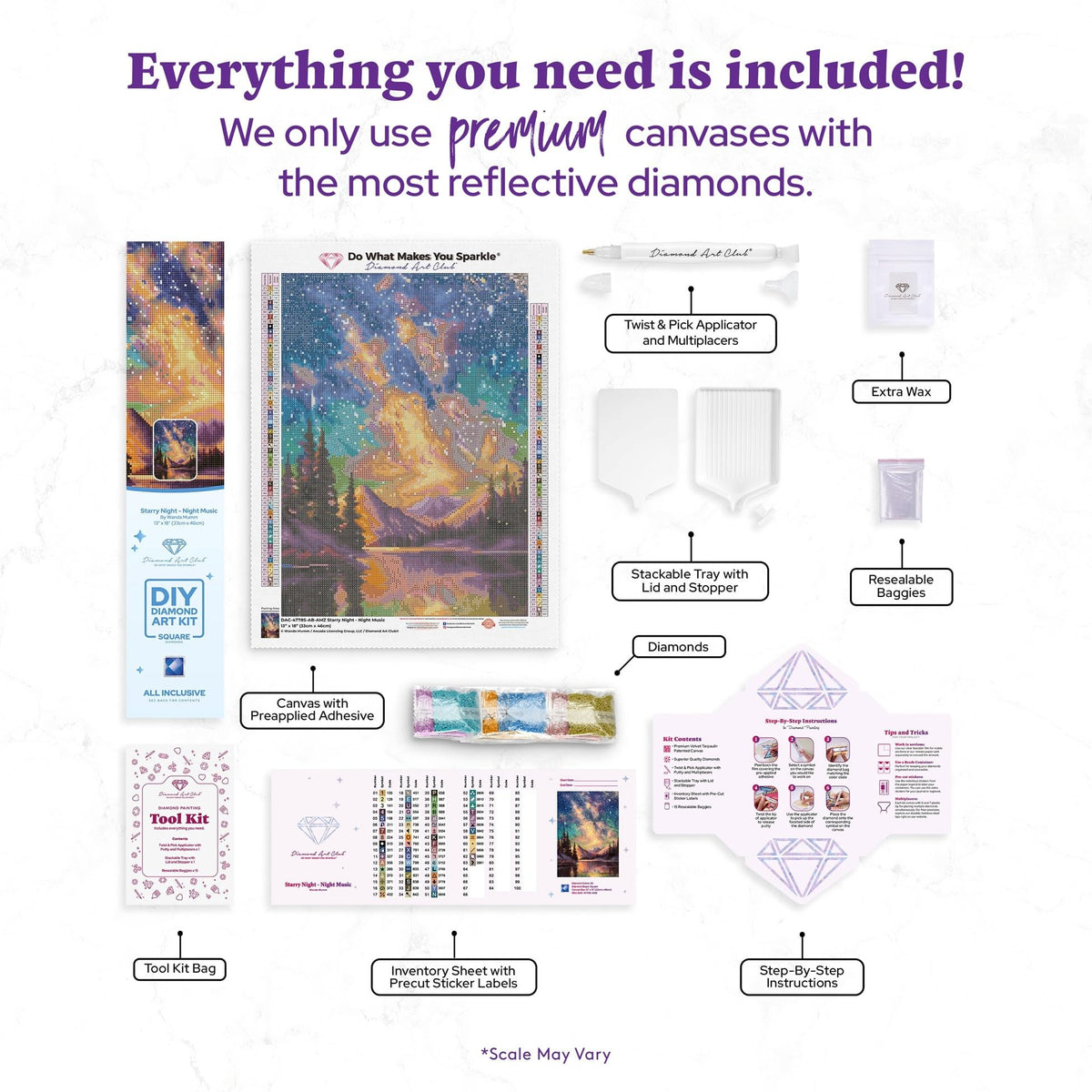 DIAMOND ART CLUB Starry Night - Night Music Diamond Painting Kit, Fun DIY Crafts for Adults, Square Diamond Art Canvas, 13" x 18" (33 cm x 46 cm)