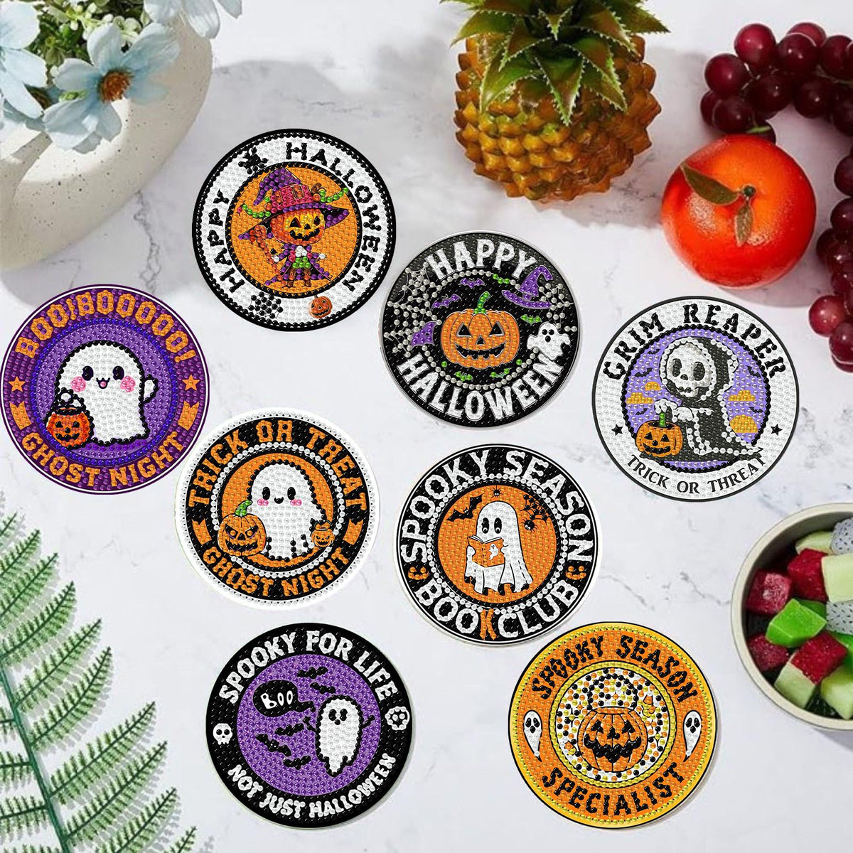 Gemozaic 8PCS Halloween Diamond Art Coasters Kit for Adult, Spooky Diamond Painting Coasters with Holer, Non-Slip, Easy DIY Pumpkin Gem Arts and Crafts Kits for Gift, Coffee, Cocktail, Drink