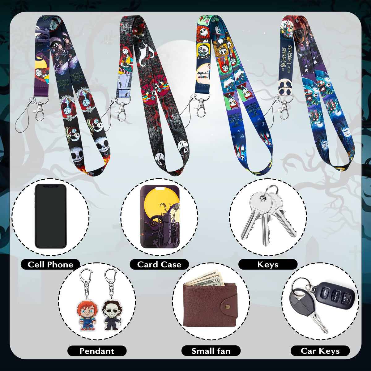 C1krint Halloween Lanyard Card Holders - 4 Set Cartoon Skull Neck Lanyard Strap with ID Badge Holder Horror Jack and Sally Christmas Card Case for Halloween Nurse Students Teachers Office Staff Supply