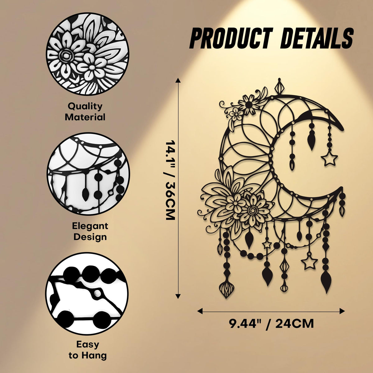 Xedatric Matte Black Moon Phase Wall Decor–Elegant Metal Moon Wall Art with Floral & Hanging Stars–Celestial Bedroom Decor for Indoor & Outdoor