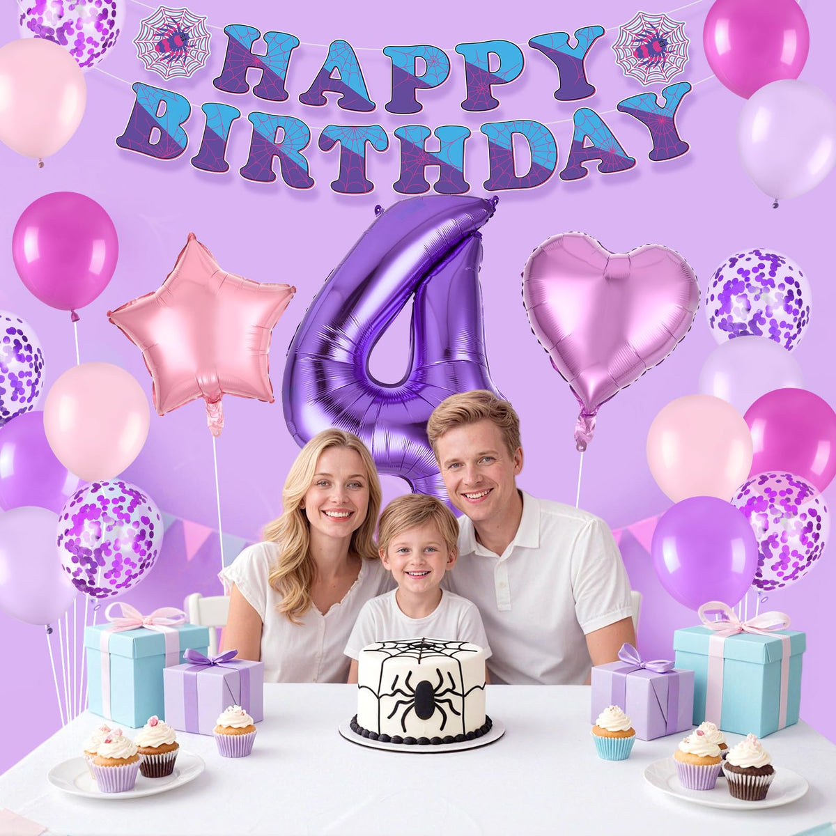 37pcs Ghost Spider 4th Birthday Decorations-Purple Number 4 Balloon,Happy Birthday Banner,Pink/Purple Balloons,Ghost Spider Theme Birthday Decor for 4 Year Old Girl Friends HB Party