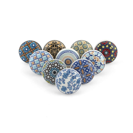 Craft Trade 10-Pack Multicolor Blue Ceramic Knobs - Decorative Hand-Painted Round Cabinet Pulls & Drawer Handles - Vintage Boho Blue Floral Hardware for Dresser, Kitchen, Wardrobe & Cupboard
