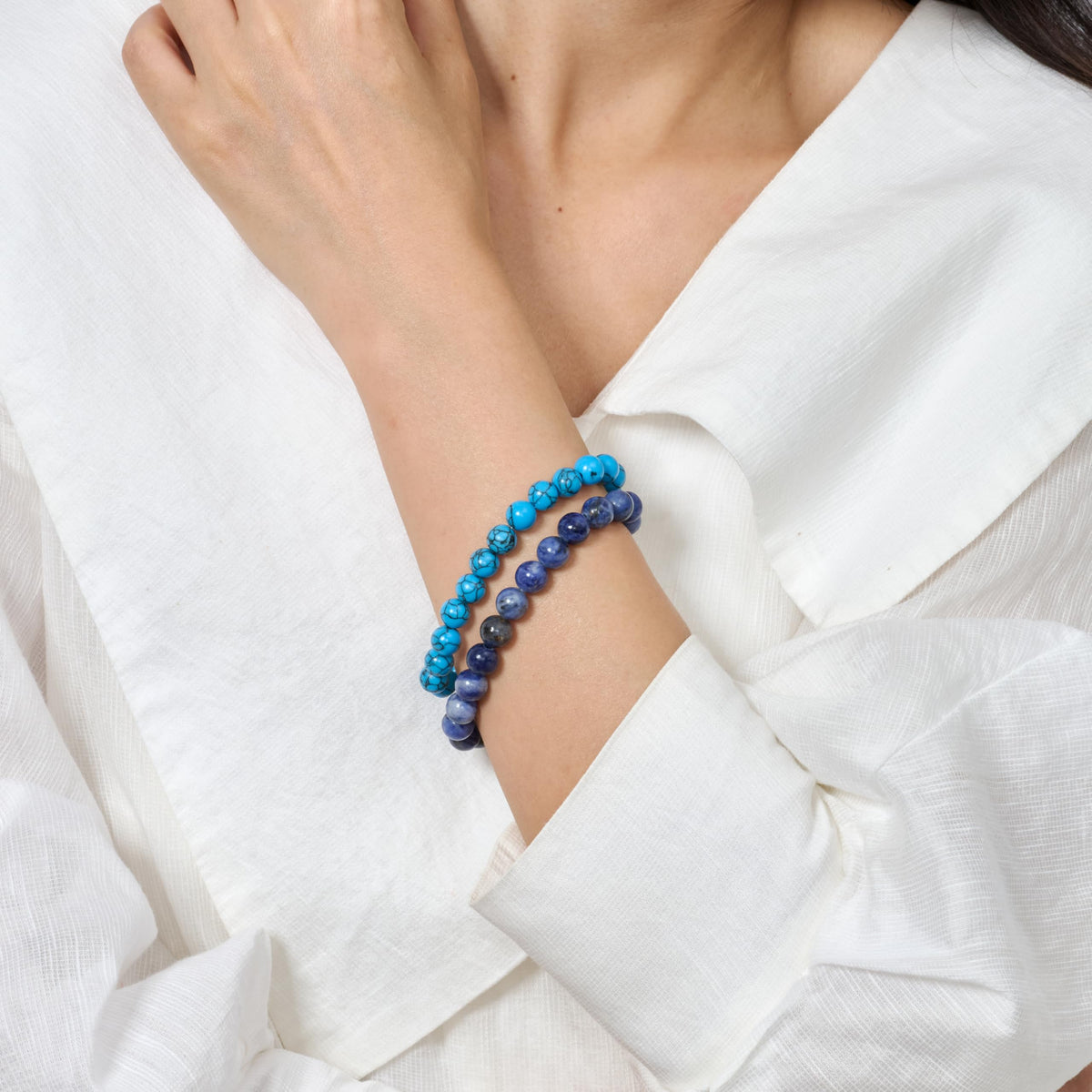 Bivei 2-Piece 8mm Beaded Bracelets for Women – Sodalite, Blue Turquoise – Handmade Natural Crystal Stretch Elastic Jewelry for Meditation, Yoga, Protection Gifts