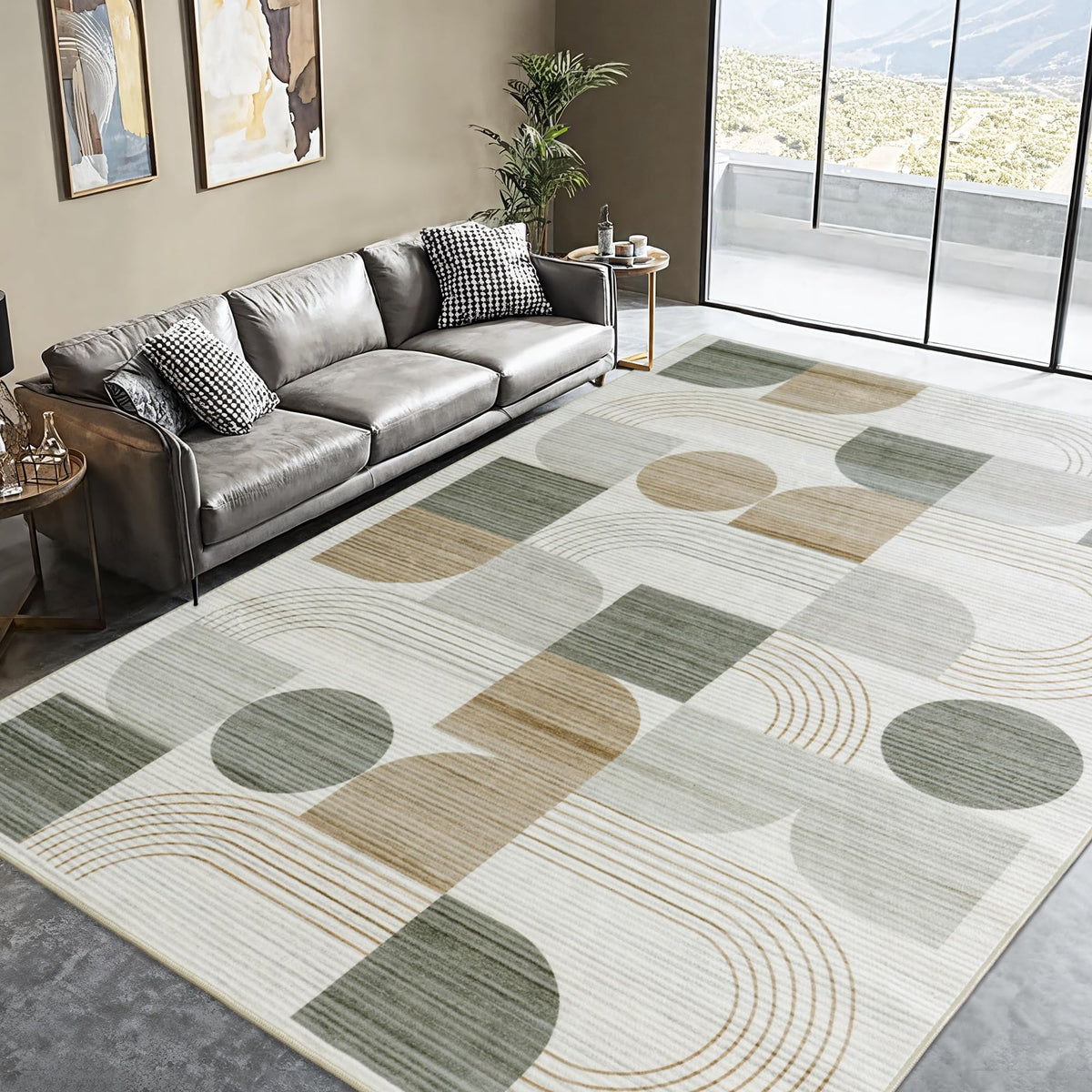 QDUIDU Large Machine Washable 8x10 Area Rug, Soft Modern Geometric Abstract Beige Rugs for Bedroom Living Room, Non-Shedding Faux Wool Indoor Throw Floor Carpet for Office Entryway Dining Room Decor