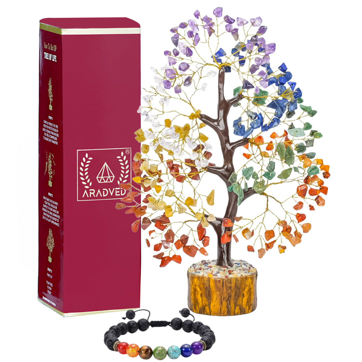 ARADVED 7 Chakra Crystal Tree 300 Beads & Healing Bracelet Set - Tree of Life Feng Shui Decor for Positive Energy - Gemstone Money Tree with Matching Chakra Bracelet for Meditation & Spiritual Gifts