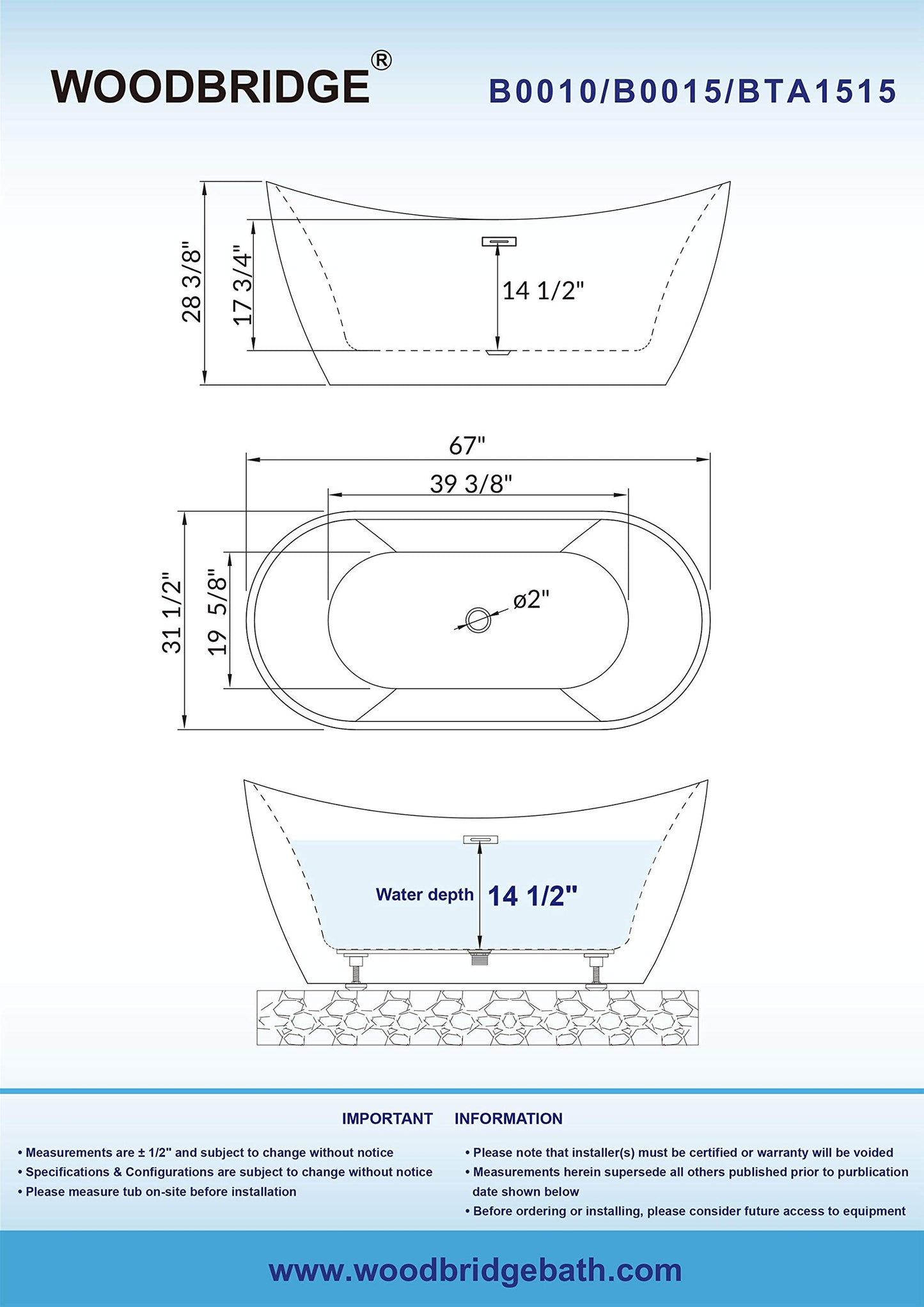 WOODBRIDGE 67" Acrylic Freestanding Bathtub Contemporary Soaking White Tub with Brushed Gold Overflow and Drain，BTA1515-BG-Drain&O