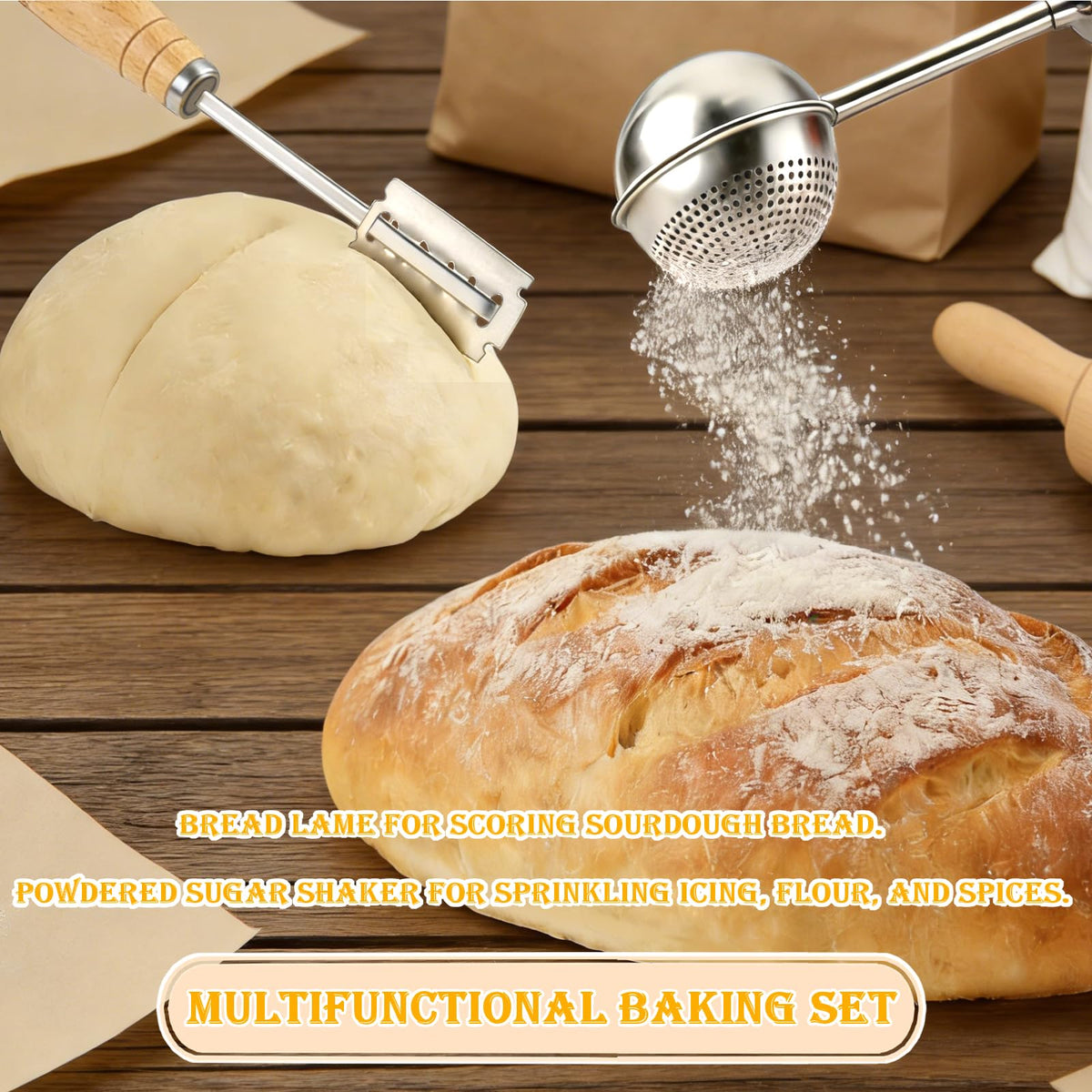 CUTENJOY Bread Lame and Flour Duster, 304 Stainless Steel Bread Baking Supplies with Razor Blades & Leather Cover, Professional Bread Scoring Knife, Flour Duster for Baking