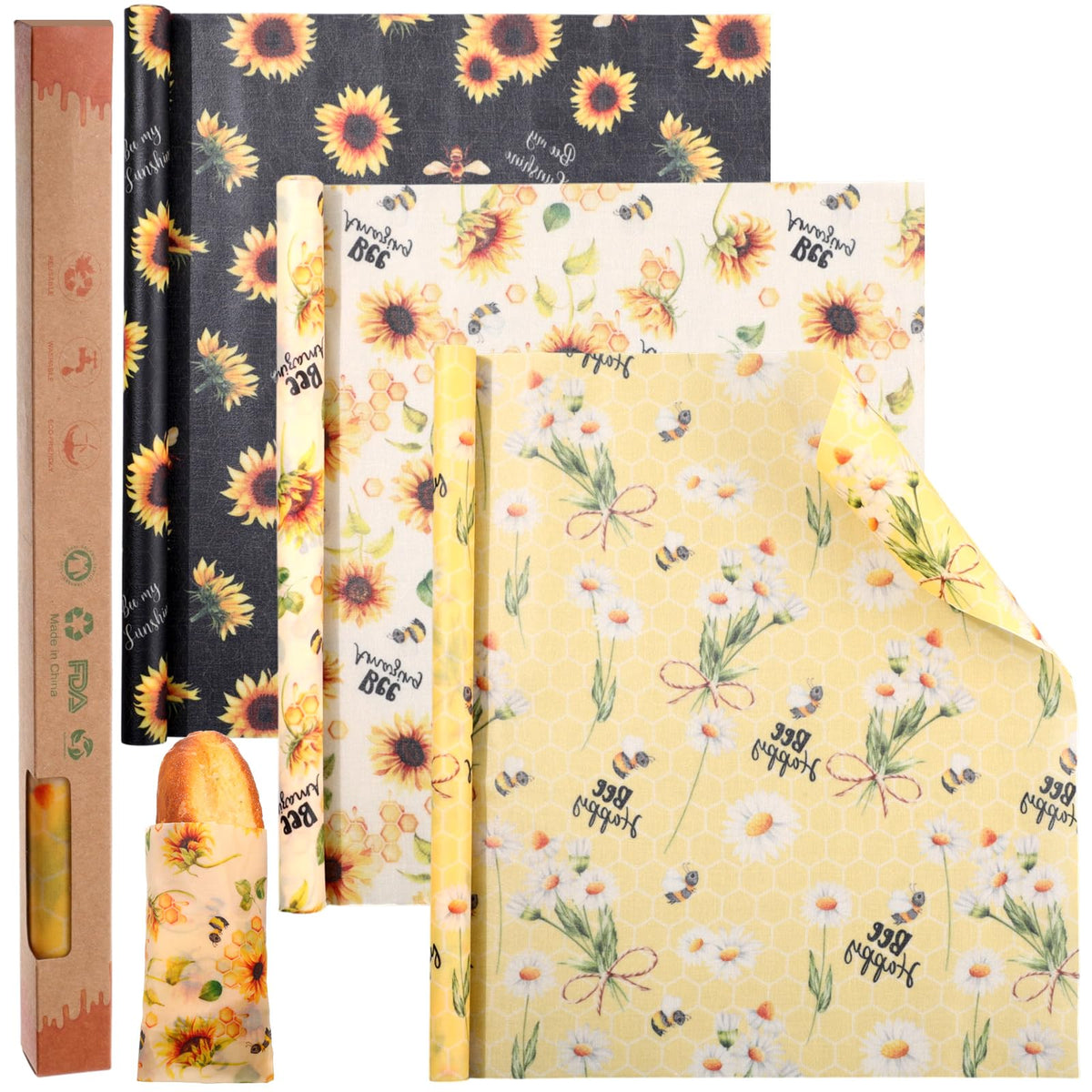 3 Rolls Reusable Beeswax Wraps for Food 13 x 40 Inches Bees Wax Wraps Reusable Food Storage Wrap Beeswax Paper Roll for Bread Sandwich Cheese Fruit Snacks(Bee)