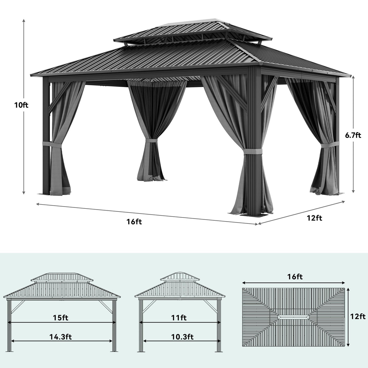 YITAHOME 12x16ft Hardtop Gazebo with Nettings and Curtains, Heavy Duty Double Roof Galvanized Steel Outdoor Combined of Vertical Stripes Roof for Patio, Backyard, Deck, Lawns, Gray